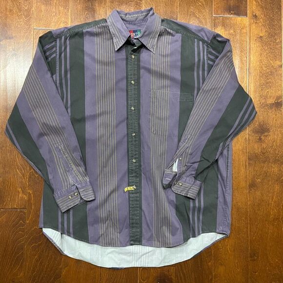 1877 BachRach Vintage 90s Black Purple Striped Button Front Shirt Men's Size XL - Picture 3 of 8